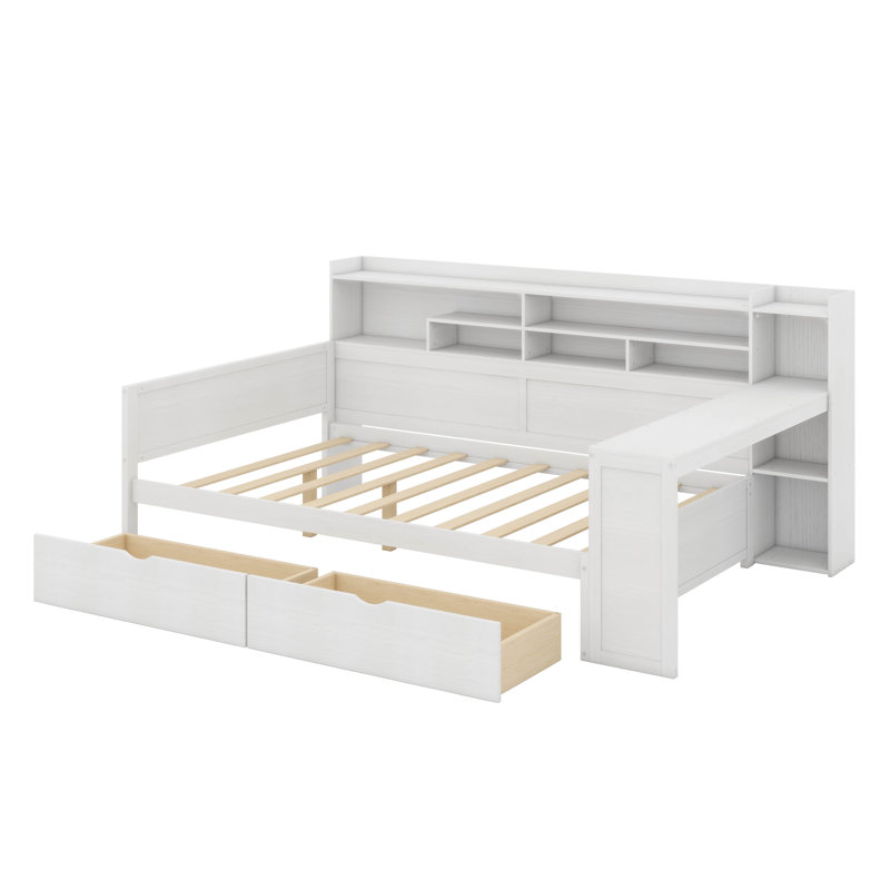 Corner Full Bed Frame With Bookcase Storage And Desk,Wood Day Beds With 2 Drawers, Captains Bed Frame With Bookcase And Headboard