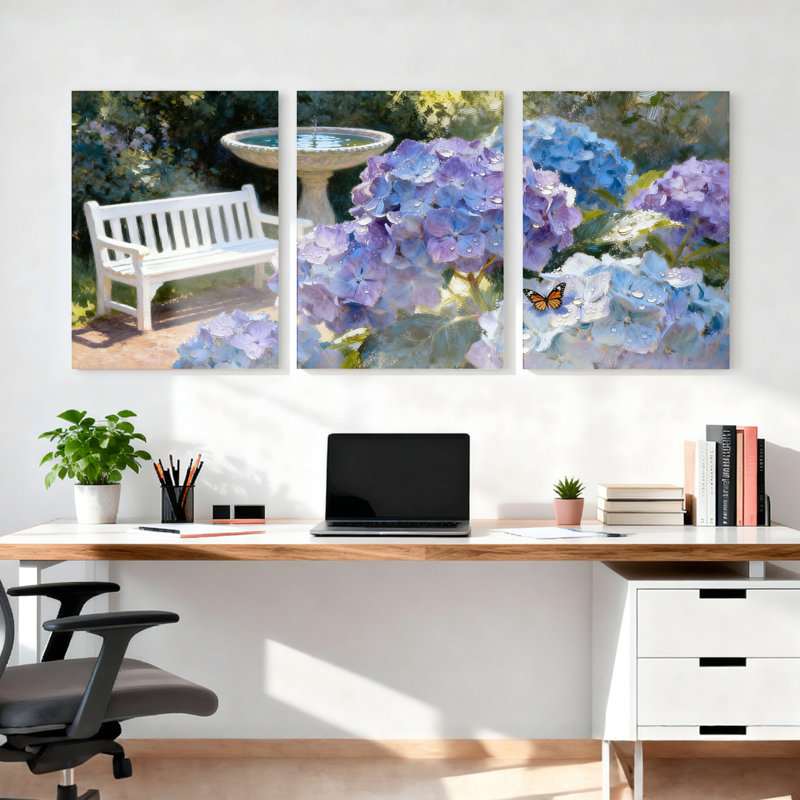 Tableau sur toile tendue représentant un jardin d'hortensias avec banc blanc et papillon (lot de 3), H 36 po x l 72 po