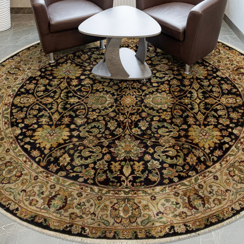 Tapis rond bleu et crème de haute qualité noué à la main