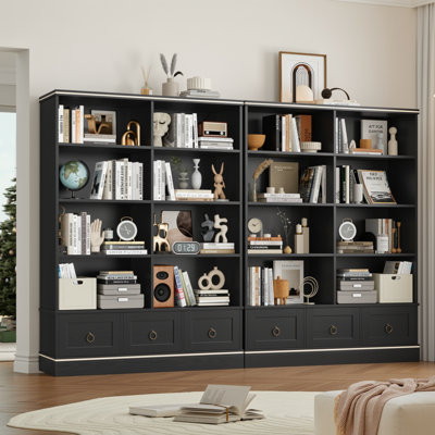 2-Pack 5-Tier Bookcase Set With Drawers, Double Storage Shelf With 6 Drawers & 16 Open Cubes, Modern Freestanding Bookcase For Living Room Office Bedroom