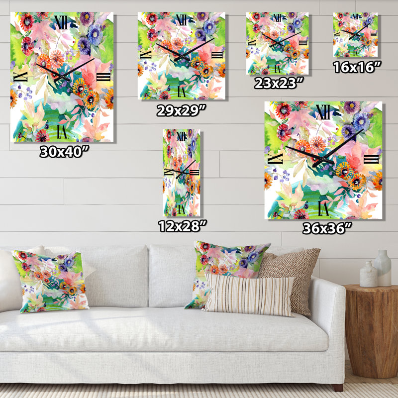 Horloge murale Vibrant Wild Spring Leaves and Wildflowers II, Grand