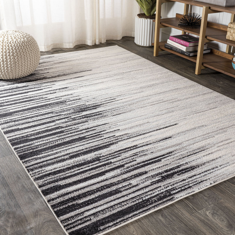 Spann Linear Modern Half-Stripe Gray/Cream Rug, Rectangle 3' x 5'