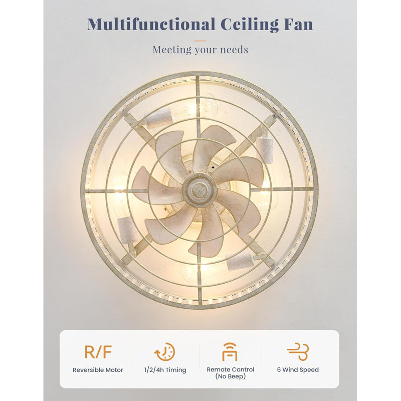 20" Flush Mount Ceiling Fan With Light, Low Profile Bladeless Design, Remote Control, 6 Speed Settings, White Gold