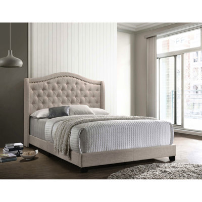 Lit double avec revêtement en cuivre beige et dossier à oreilles, rembourrage doux, panneaux latéraux à dossier haut, style transitionnel, sommier requis, support classique à oreilles de 58,7 pouces de largeur,