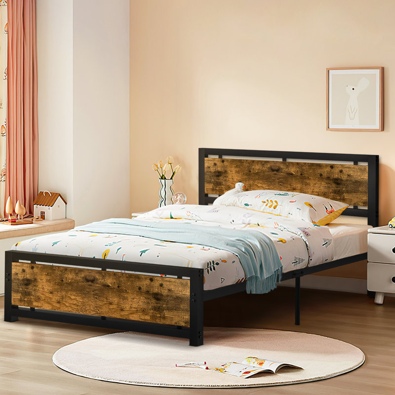 Bed with Headboard and Footboard, Strong Black Metal Platform Bed, No Noise, Vintage Brown, Twin