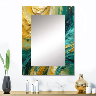«Golden Turquoise Waves Breaking Abstract IV», grand miroir à formes abstraites, décor de miroir mural doré unique, art imprimé en métal