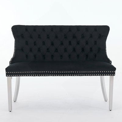 Velvet Double Dining Loveseat Bench, Kitchen & Dining Seating, 2-Seat Tufted Bench W/Handmade Buttons, Wing Back, Brushed Silver Stainless Steel Legs, Mid Century Modern,Single Pack,Black