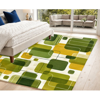 Tapis lavable en machine à motifs géométriques abstraits avec envers antidérapant, motif de carrés arrondis verts et jaunes, décoration intérieure confortable pour salon, chambre, entrée, cuisine, balcon, appartement
