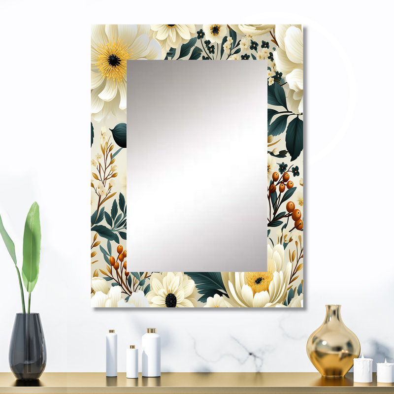 Arismendy Ivory Boho Chic Floral Pattern - Floral Unique Wall Mirror Decor, Floral Large Mirror, Printed Metal Art, 32" x 24"