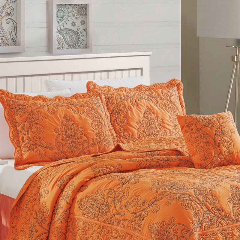 4 Piece Damask Oversized Embroidery Bedspread Set, King Quilt + 2 King Shams + Throw Pillow, Nectarine