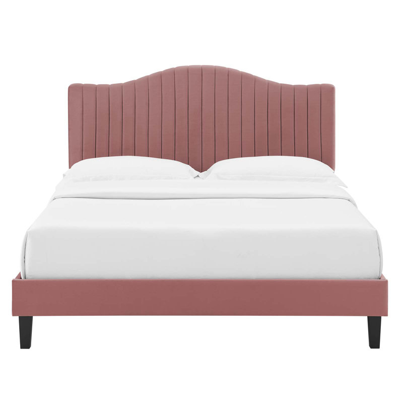 Dusty Rose Velvet Twin Platform Bed with Tufted Headboard