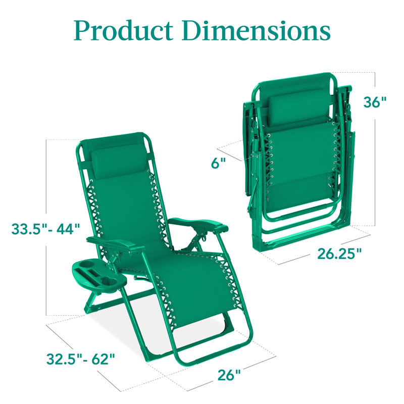 Monochromatic Zero Gravity Chair, Folding Patio Recliner W/Side Tray, Headrest, Emerald