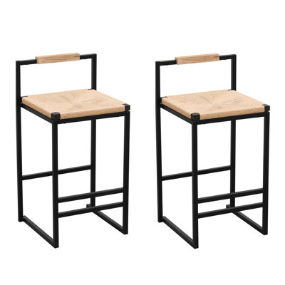 2 Bar Stools With Back: Metal Base & Comfortable Paper Rope Weave Seat Of Counter Natural