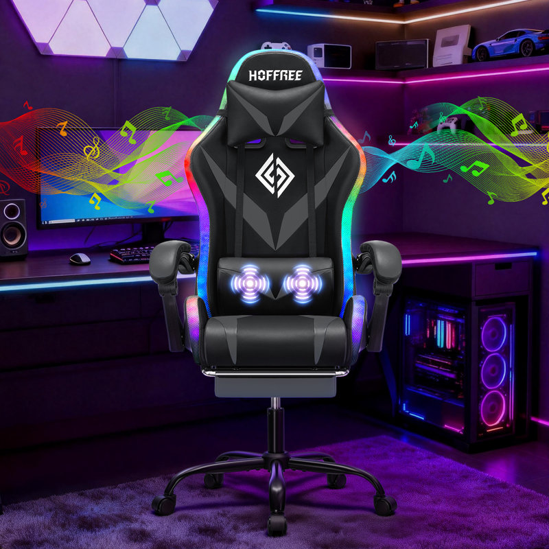 HOFFREE Gaming Chair Massage With Bluetooth Speakers And Led Lights Ergonomic Computer Gaming Chair With Footrest RGB Video Game Chair With High Back Lumbar Support