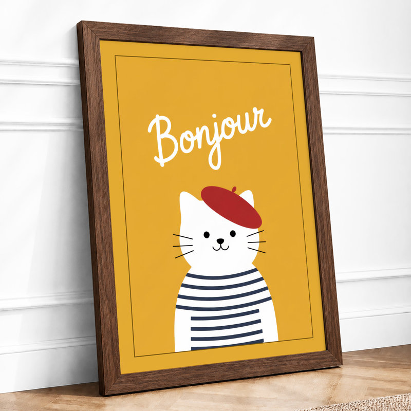 Bonjour Parisian Cat Modern - Framed Print, A4 - 29.7 x 21.0 cm, Walnut