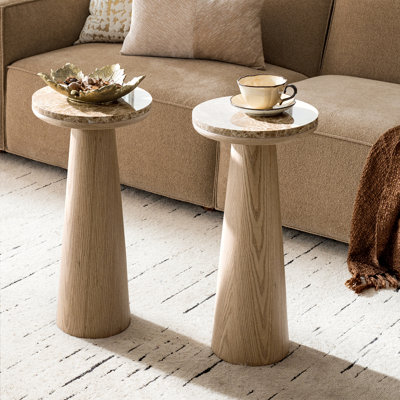 Oxner Modern Round End Table with Genuine Marble Top and Oak Veneer