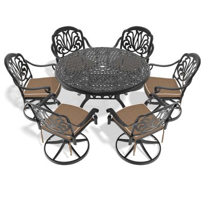 7 Cast Aluminum Patio Dining - 6 Swivel Chairs, 48.03" Round Table, Black Polished Outdoor Seats, Dipped