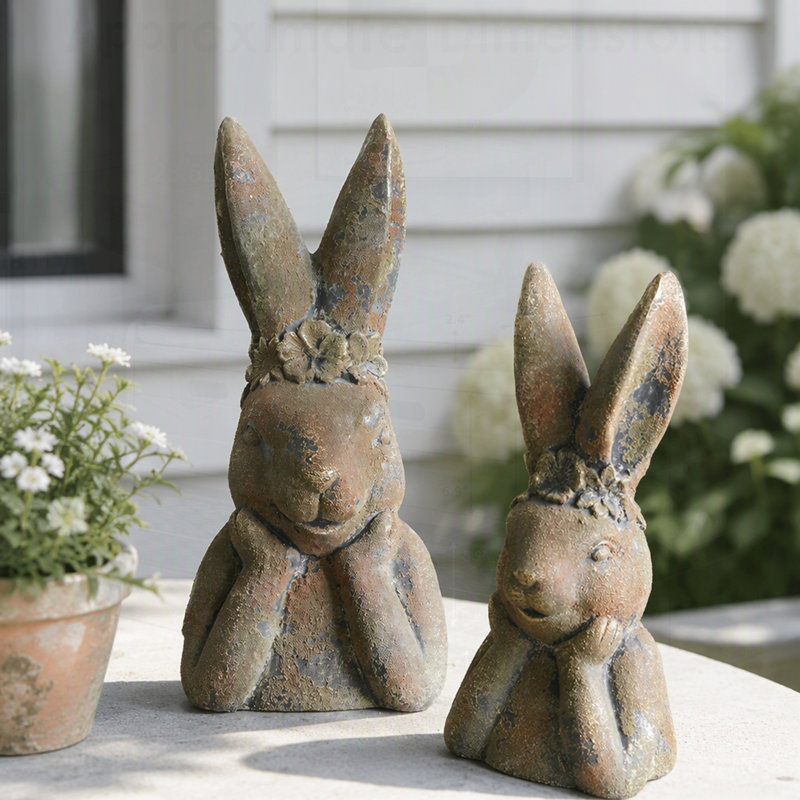 Figurine de lapin antique fabriquée à la main avec patine or vert vieilli, parfaite pour un décor rustique et élégant