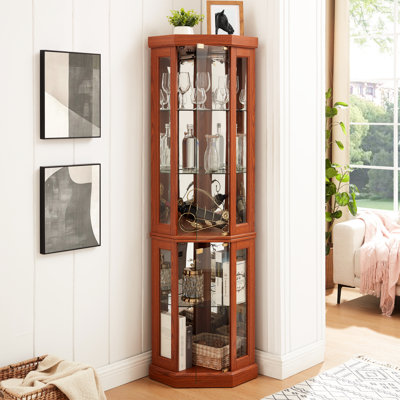 Vitrine d'angle avec système d'éclairage, bois d'ingénierie en chêne foncé, intérieur à deux sections, tablettes en verre réglables, vitrine éclairée à miroir en arrière, portes à fermeture latérale, tablettes, pour cerisier ou or