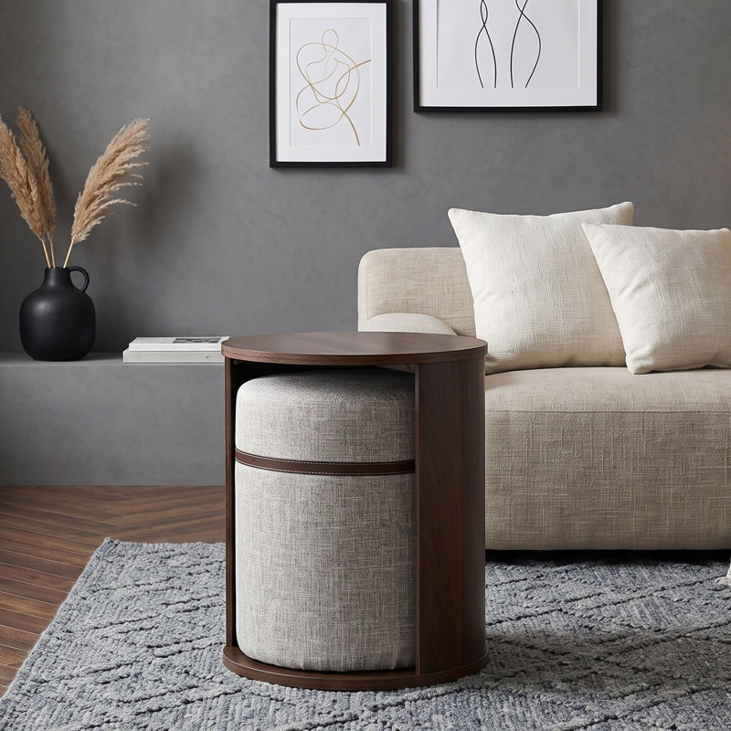 Table de bout ronde avec tabouret coulissant et fente de rangement ouverte, conception gigogne peu encombrante