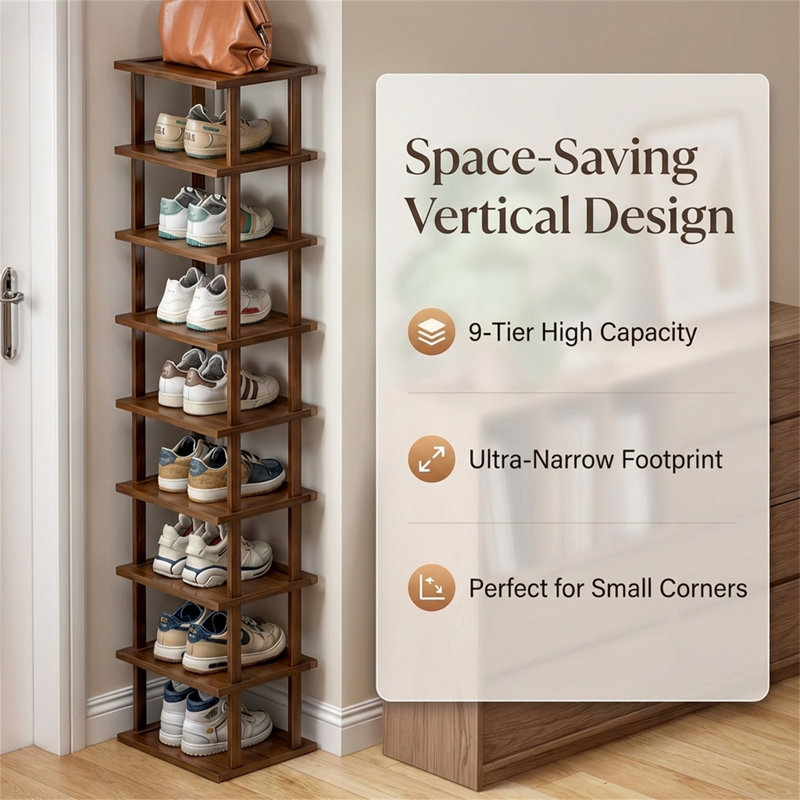 Étagère à chaussures étroite en bambou à 9 niveaux, organisateur de rangement vertical pour entrée