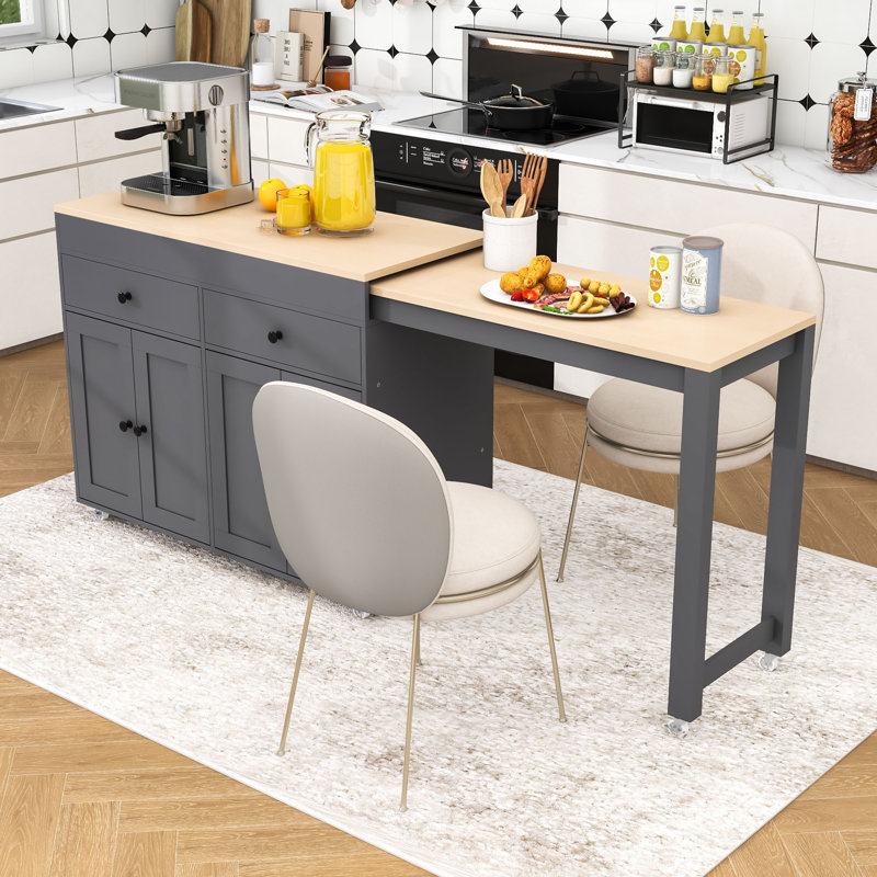 Dosha Rolling Kitchen Island with Extendable Dining Table, Spice Rack and Storage Cabinet, Gray