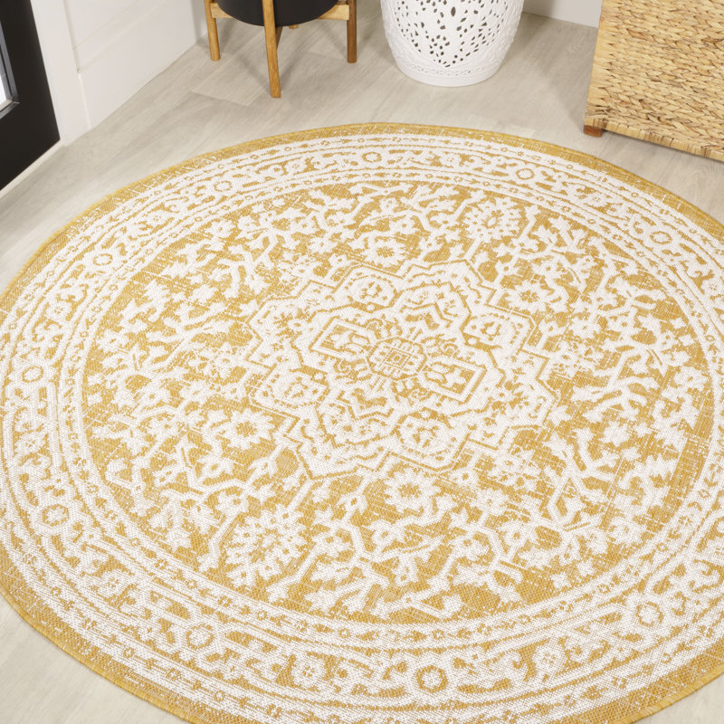 Tapis intérieur / extérieur jaune / crème Aaleayah Medallion, Rond 5 pi 3 po