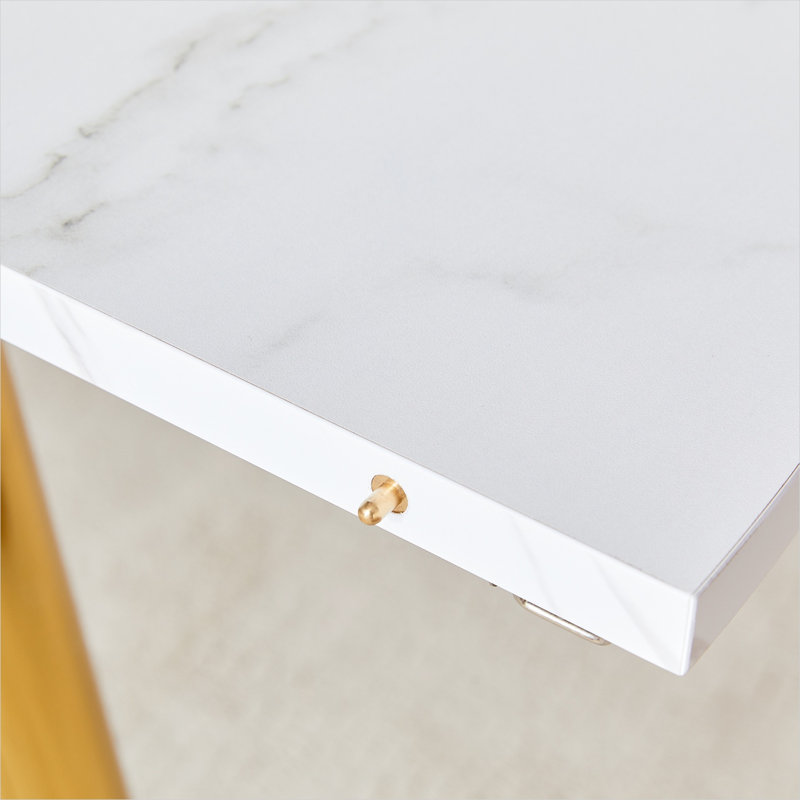 Table de salle à manger ronde extensible pour le divertissement moderne, plateau en panneau de fibres à densité moyenne blanc vif avec base en piédestal doré, pour 4 à 6 personnes