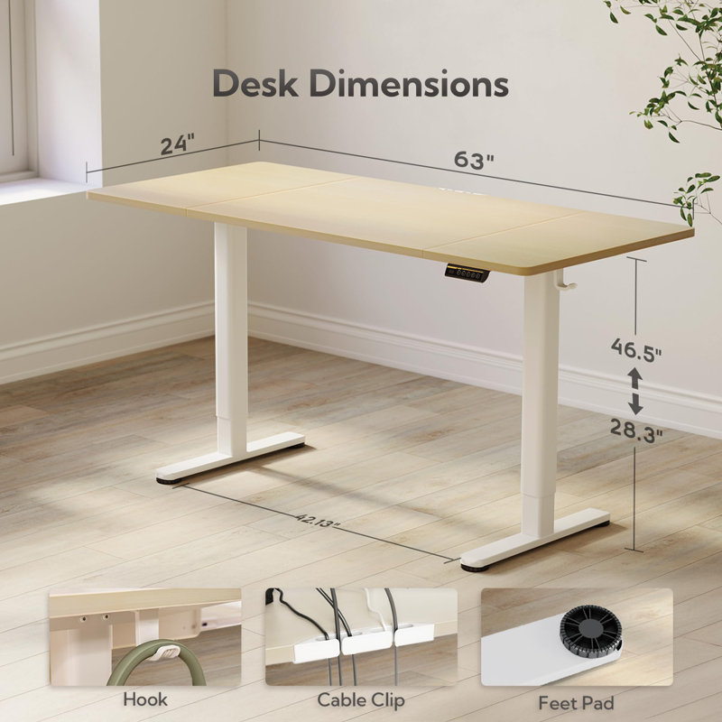 Electric Height Adjustable Standing Desk with Hooks, Nature/White, 46.5" H x 63" W x 24" D
