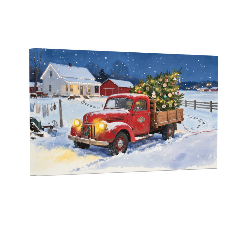 Camion de Noël rouge, arbre de Noël enneigé, scène de ferme, H 12 po x l 18 po