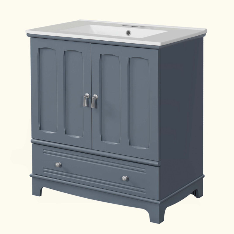 Meuble-lavabo avec lavabo en céramique, meuble-lavabo à cadre en bois massif avec tablette réglable, tiroir avec cloison, pieds en bois massif