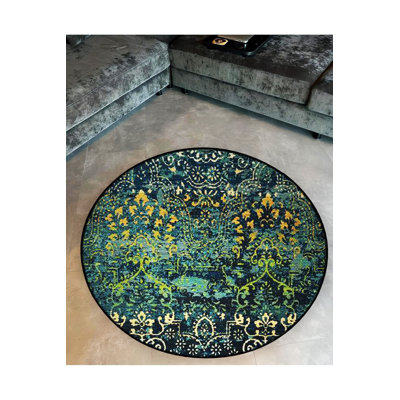 Dark Green Themed Patterned Traditional Patterned Round Woven Base Vintage Decorative Rug Machine Washable
