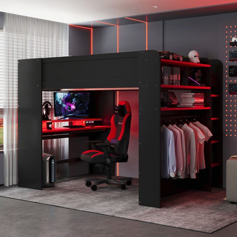 Lit double en bois avec bureau à hauteur réglable, garde-robe, grand espace de rangement et lumière RVB, Rouge