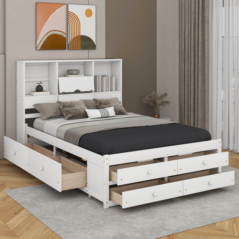 Grand lit plateforme avec tiroirs, Blanc