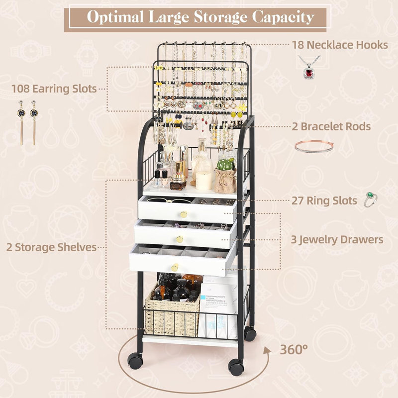 Large Black Metal Jewelry Stand with 3 Drawers