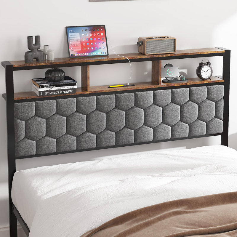 Grand lit plateforme avec tête de lit tapissier et station de charge USB, Grand lit