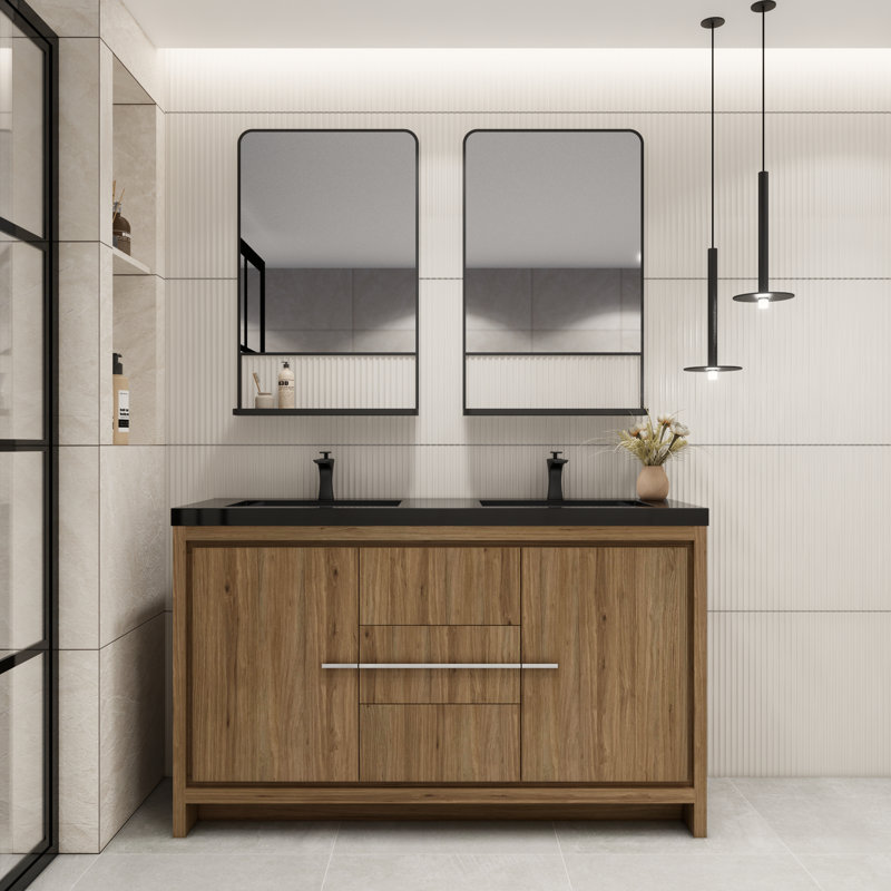 Ensemble de meuble-lavabo double 60 po Bayyinahi, Chêne naturel