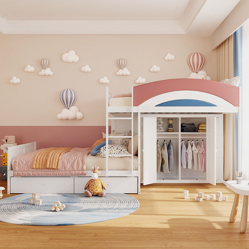 Lit superposé double pleine grandeur avec garde-robe intégrée et 2 tiroirs de rangement, lit mezzanine en bois massif de style mission avec garde-corps arc-en-ciel, ensemble de chambre à coucher pour enfant robuste et peu encombrant