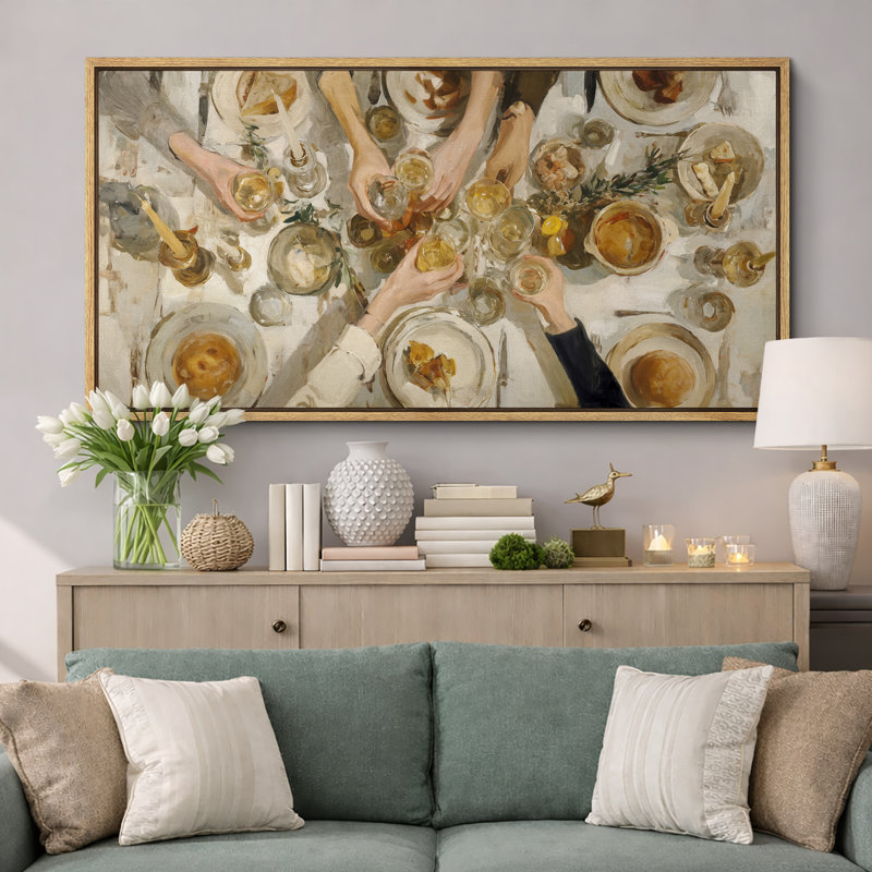 Warm Toned Feast Celebration Artwork Extra Large Pictures Framed Canvas Print Wall Art, 30" H x 60" W, Natural