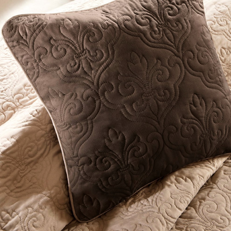 Courtepointe 7 pièces beige / grand, motif médaillon avec taies décoratives européennes et coussins, lavable à la machine double / grand ignifuge