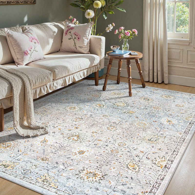 Boho Washable Area Rug for Living Room Soft Floral Rugs for Bedroom Aesthetic Floor Carpet, Rectangle 5' x 7'