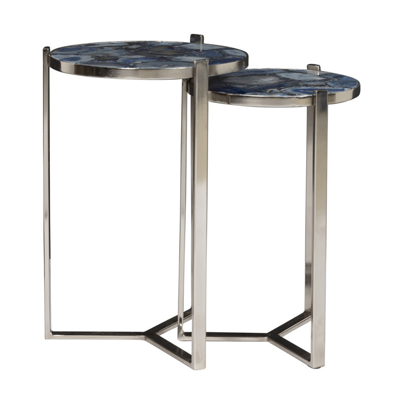 Blue Agate Gemstone Round Nesting Accent Tables