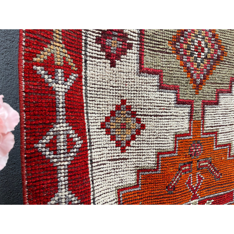 Tapis de couloir en laine rouge à motif géométrique traditionnel de 42,1 x 126,8 pouces