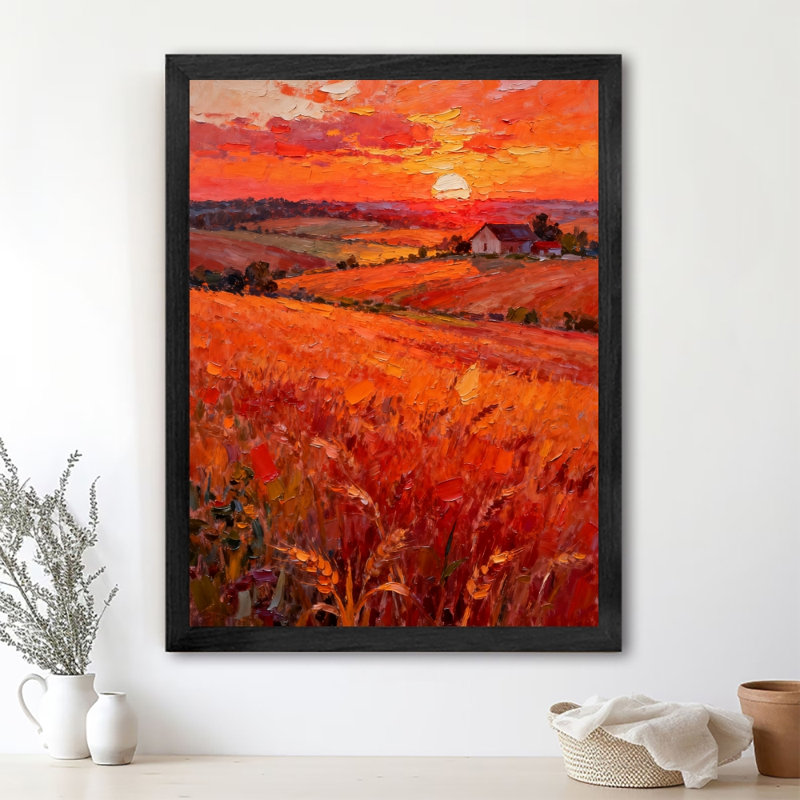 Art encadré noir rétro Le coucher de soleil jette une teinte dorée sur les rizières, art mural, impressions de style rétro
