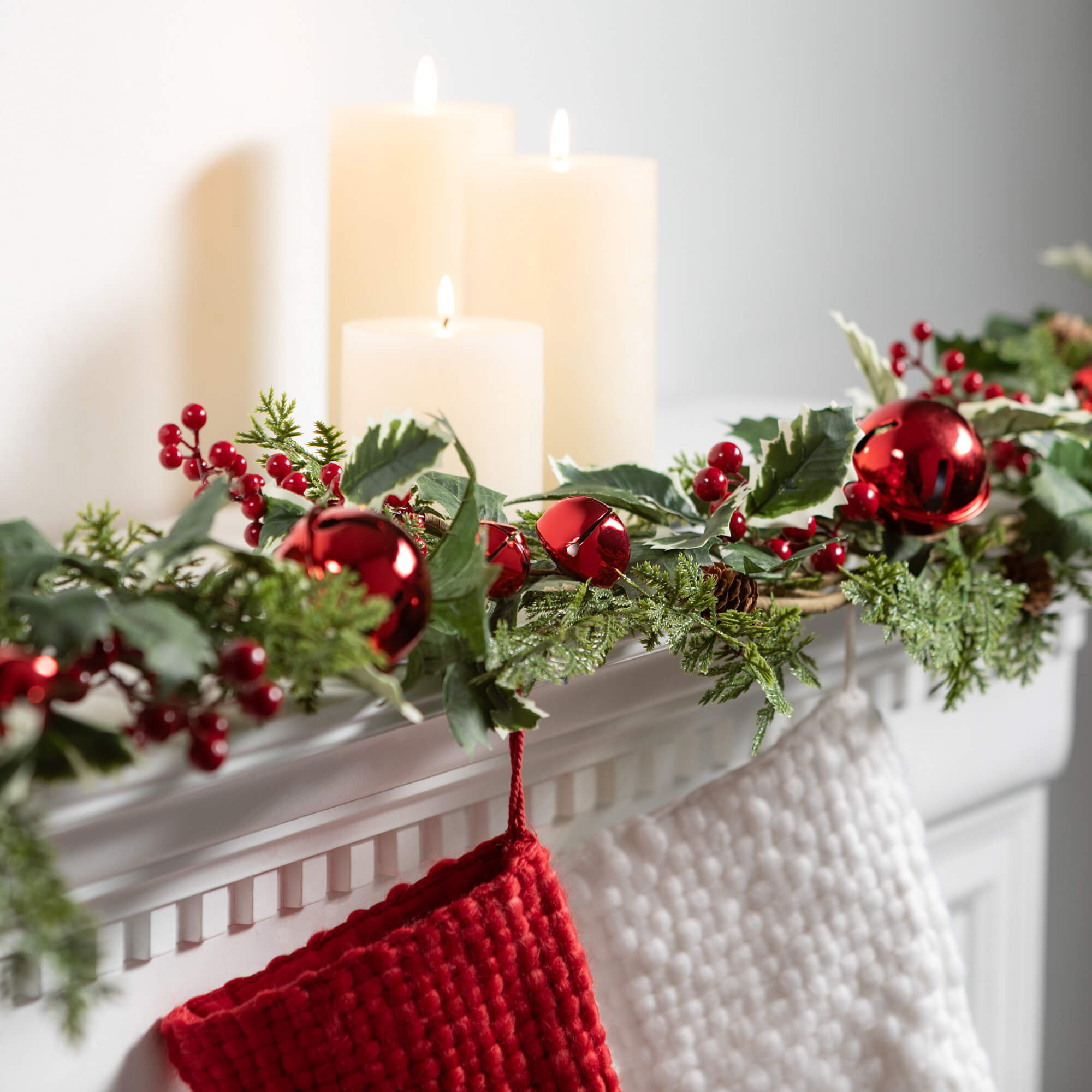 72" Artificial Jingle Bell Holly Pine Christmas Garland, Green-Red