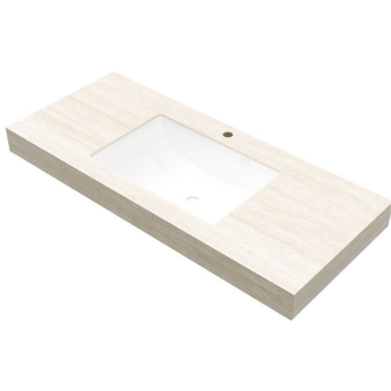 - Comptoir en pierre frittée à motif et lavabo en céramique encastrée, un trou de robinet standard, trop-plein antidéversement, résistance aux égratignures et aux hautes températures, hauteur 8,54 po avec un seul trou pré-percé, couleur beige.