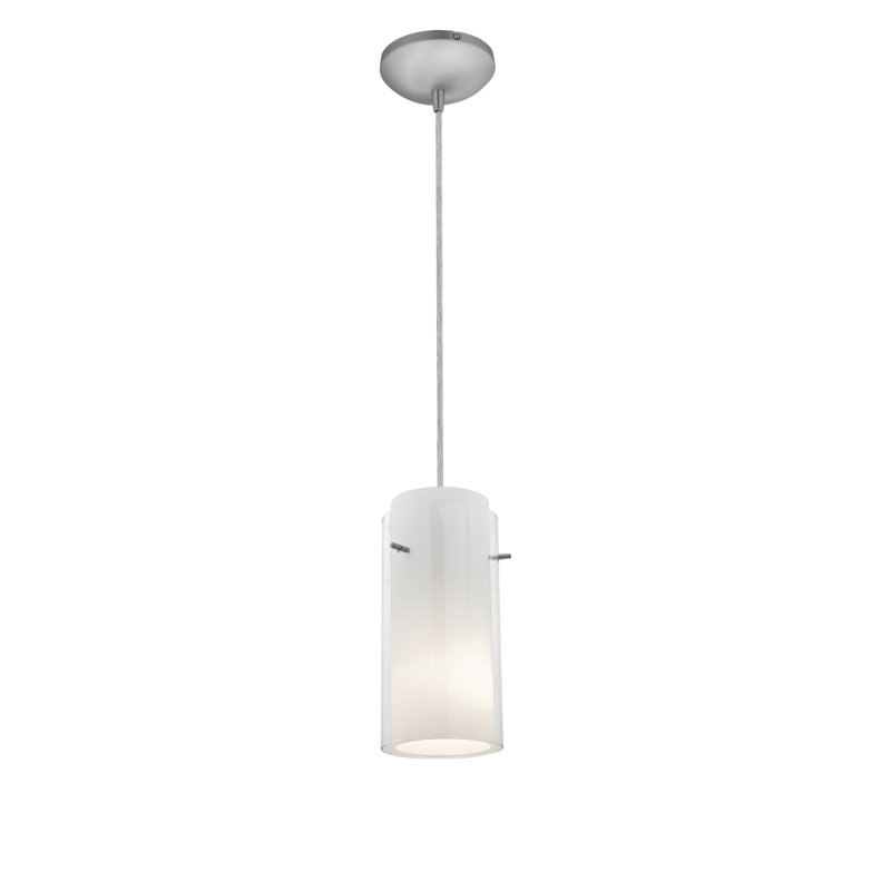 Luminaire suspendu cylindrique à 1 lumière Nygaard, Acier brossé, Extérieur transparent, intérieur opale, Côtelé