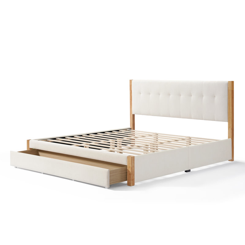 Très grand lit plateforme en bois massif avec tiroirs de rangement Lunara Vault Upholstery, King
