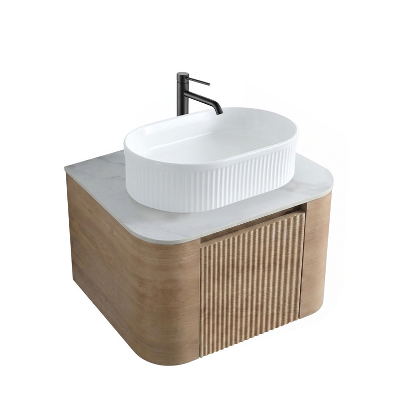 Meuble-lavabo Erba 24 pouces avec lavabo, armoire murale couleur miel avec porte-serviettes offert, lavabo ovale en céramique à rayures, sans bonde ni robinet, préassemblé