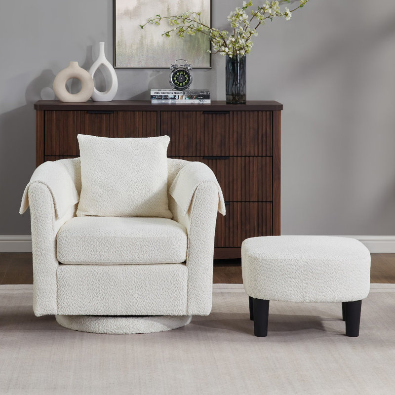 Chenille Swivel Accent Chair with Ottoman, White